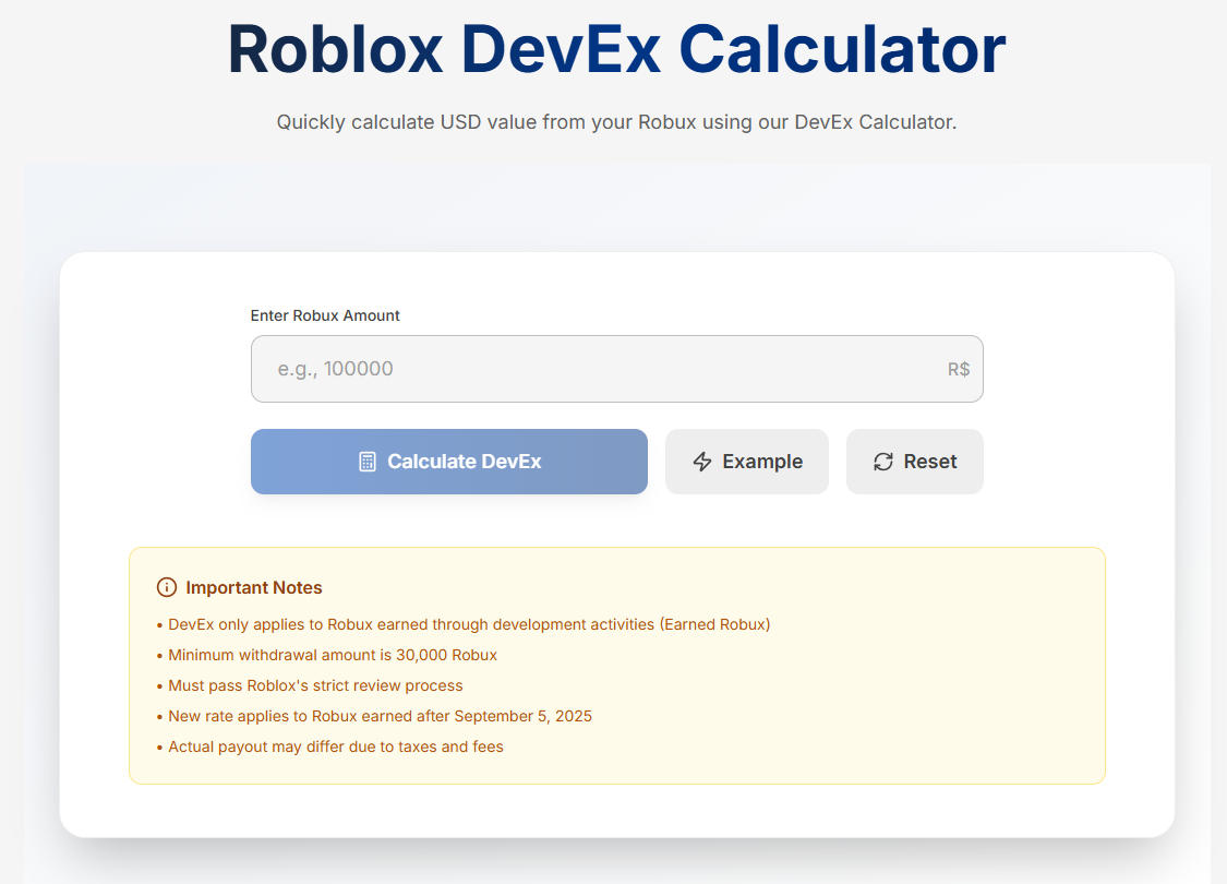 Roblox DevEx Calculator Screenshot